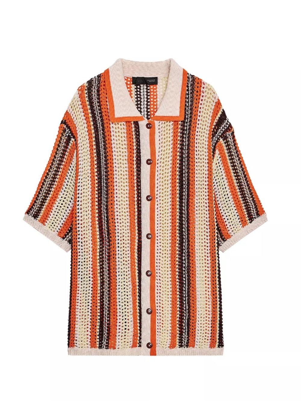 ZW ZARA Striped Crochet Button-Up Shirt — Orange, Cream, Brown